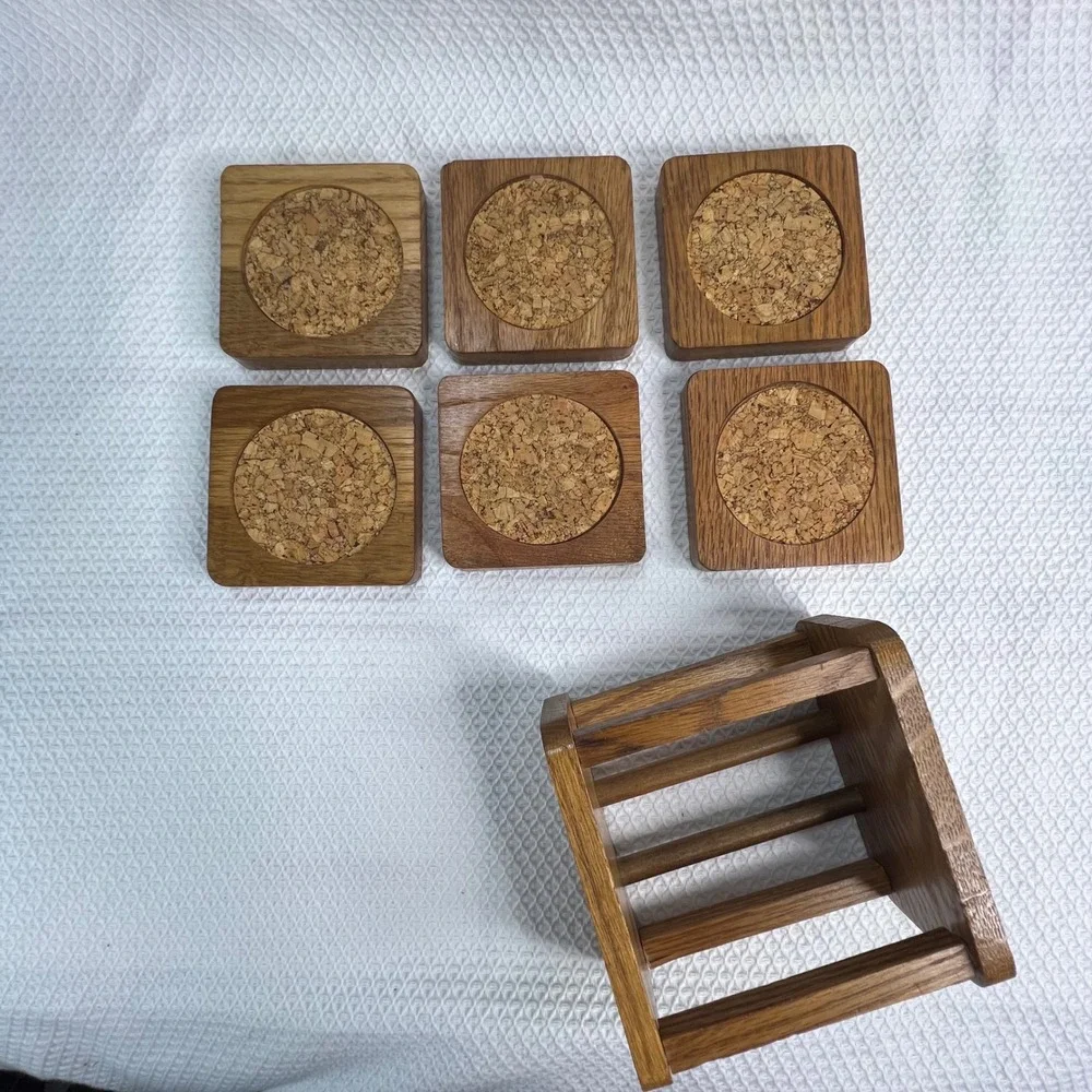 Vintage Mid Century Modern Oak Wood and Cork Coaster Set of 6 with‎ Caddy Holder